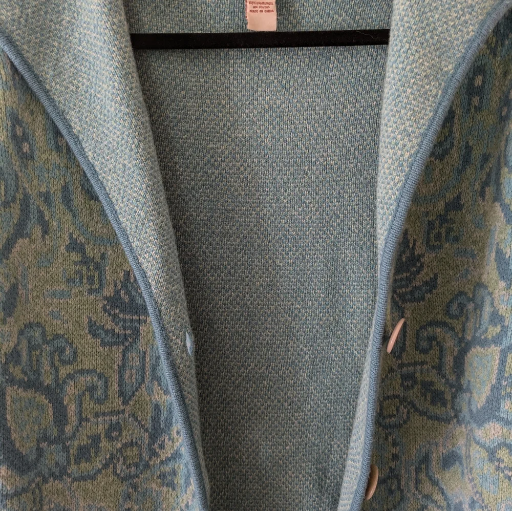 Sundance 100% Lambswool Teal Jacquard Jacket Cardigan sz PS Boho Fisherman - Picture 10 of 11